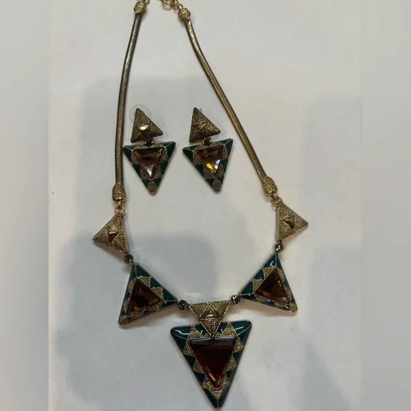 Geometric Gold and Brown Necklace Set - Picture 1 of 5